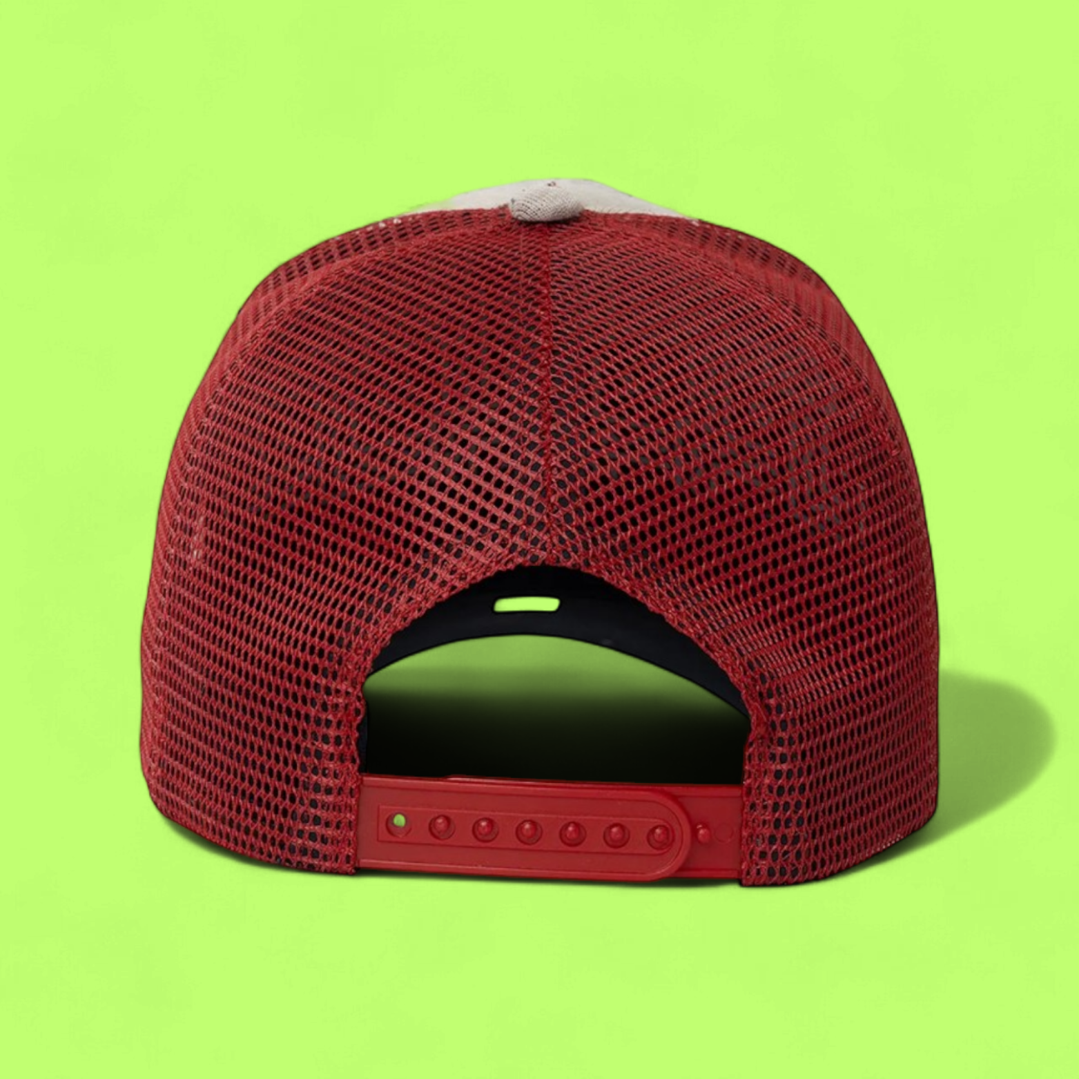 PATCHWORK TRUCKER CAP WITH RED EMBROIDERY AND MESH BACK