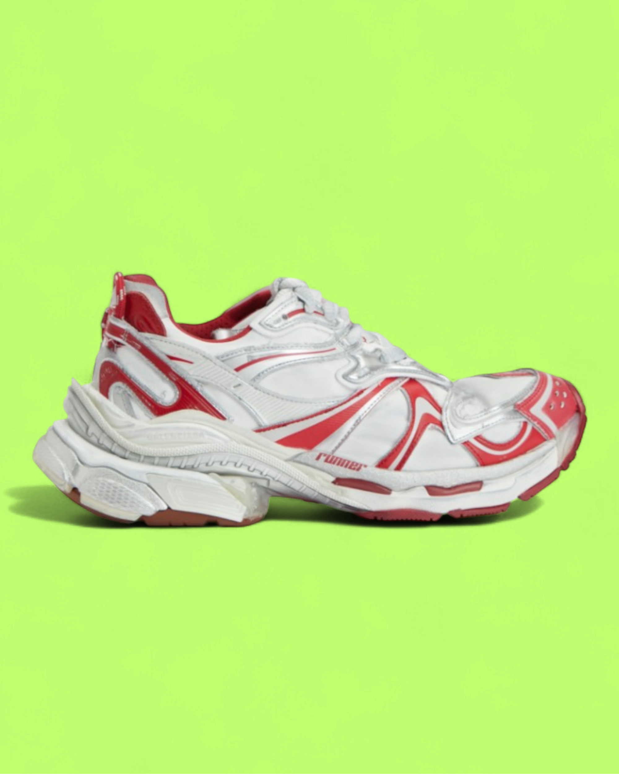 BALENCIAGA RUNNER WHITE RED DISTRESSED MESH LEATHER SNEAKERS