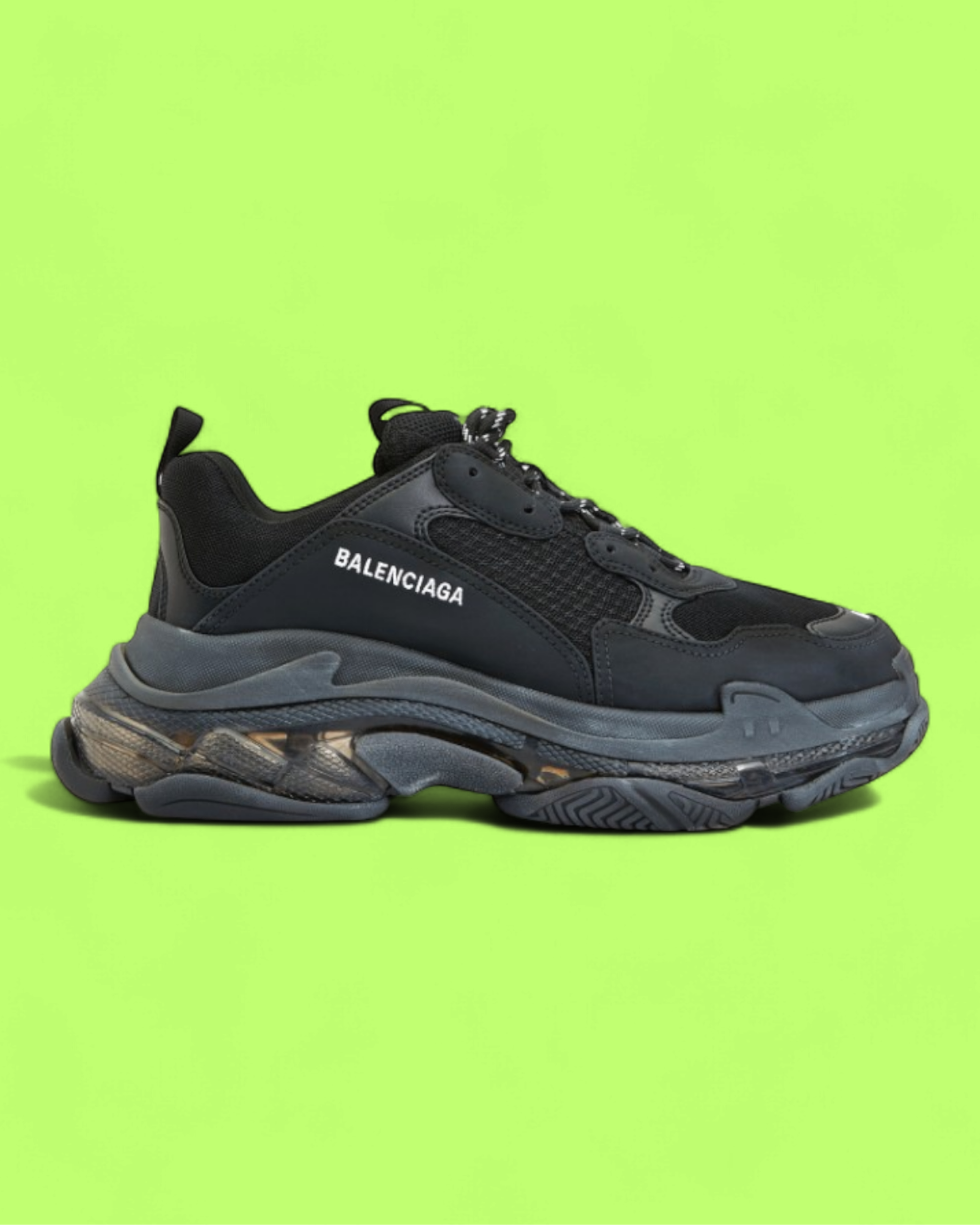 BALENCIAGA TRIPLE S BLACK LEATHER AND MESH CHUNKY SNEAKERS