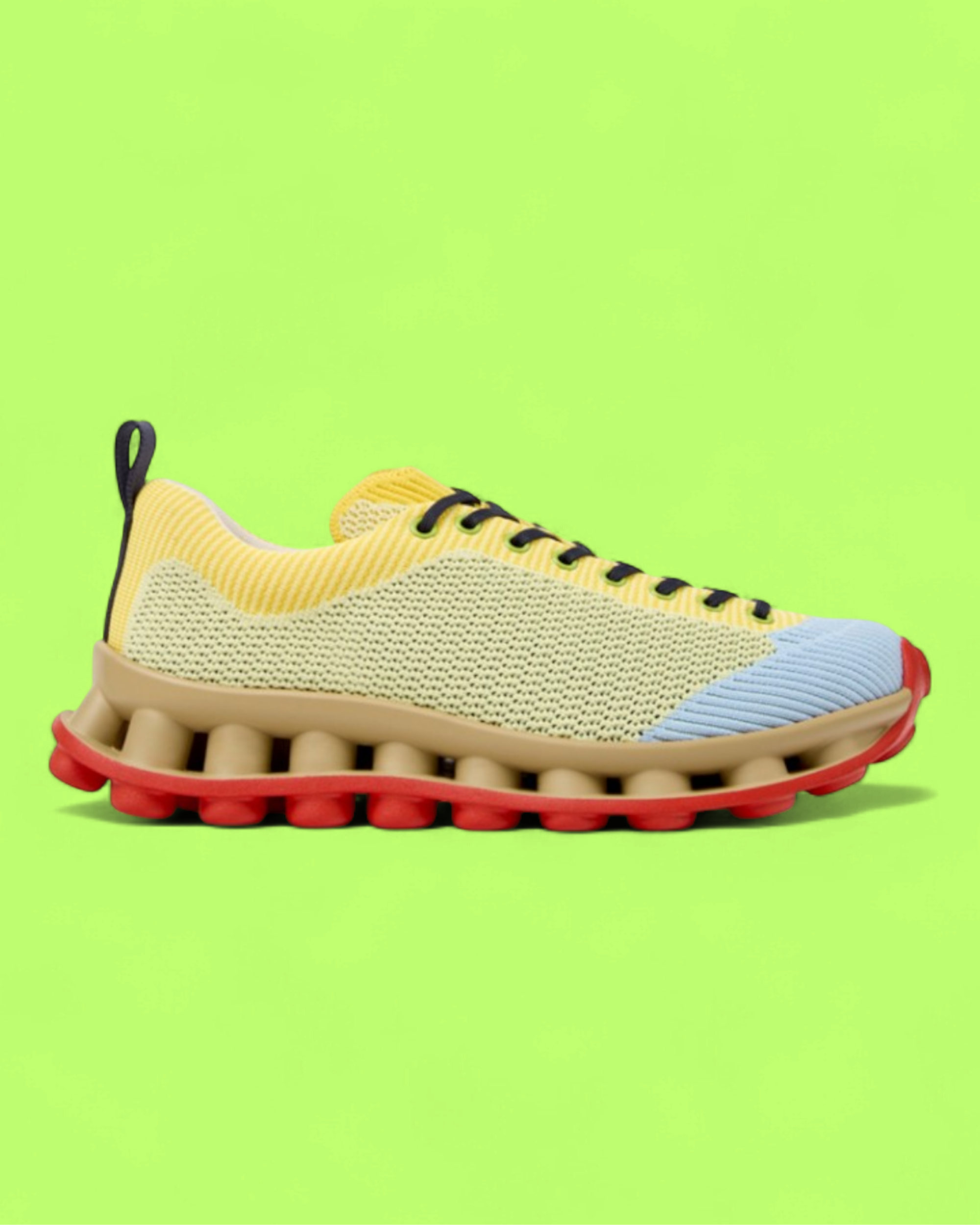 CAMPER YELLOW KNIT RUNNER WITH RED SOLE AND BLUE TOE DETAIL