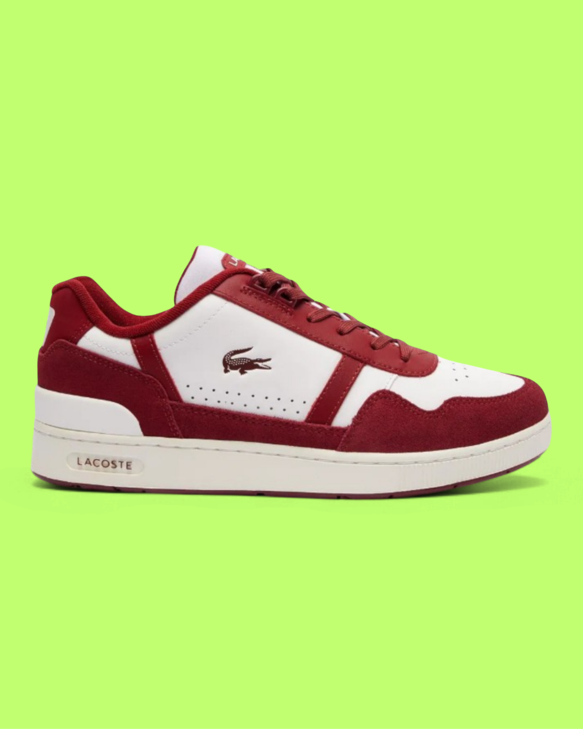 LACOSTE T-CLIP MEN'S WHITE LEATHER SNEAKERS WITH BURGUNDY DETAIL