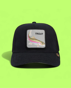 TROUT FISH BLACK TRUCKER HAT WITH COLORFUL EMBROIDERED PATCH