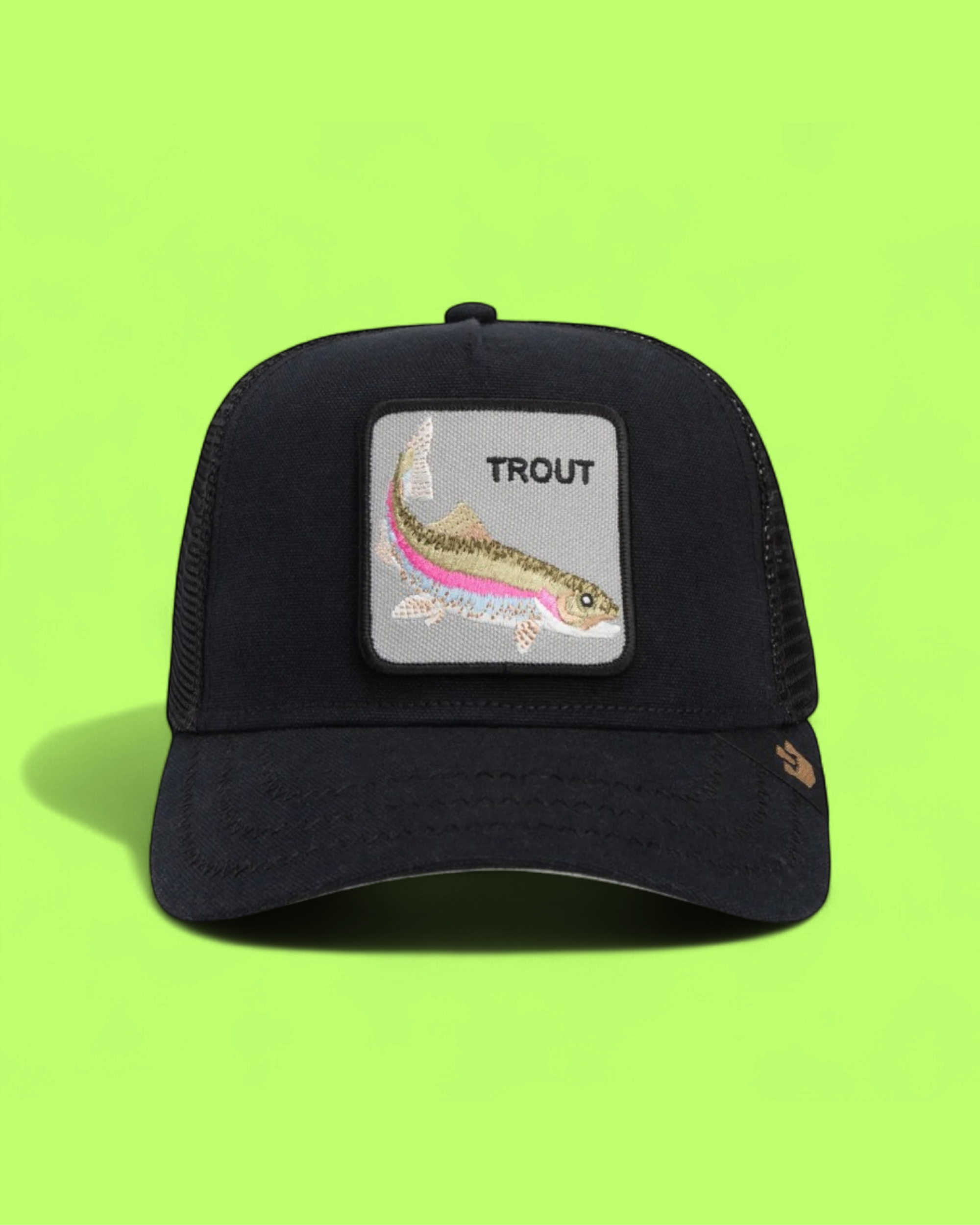 TROUT FISH BLACK TRUCKER HAT WITH COLORFUL EMBROIDERED PATCH