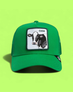 CASH COW GREEN TRUCKER HAT WITH EMBROIDERED PATCH DESIGN