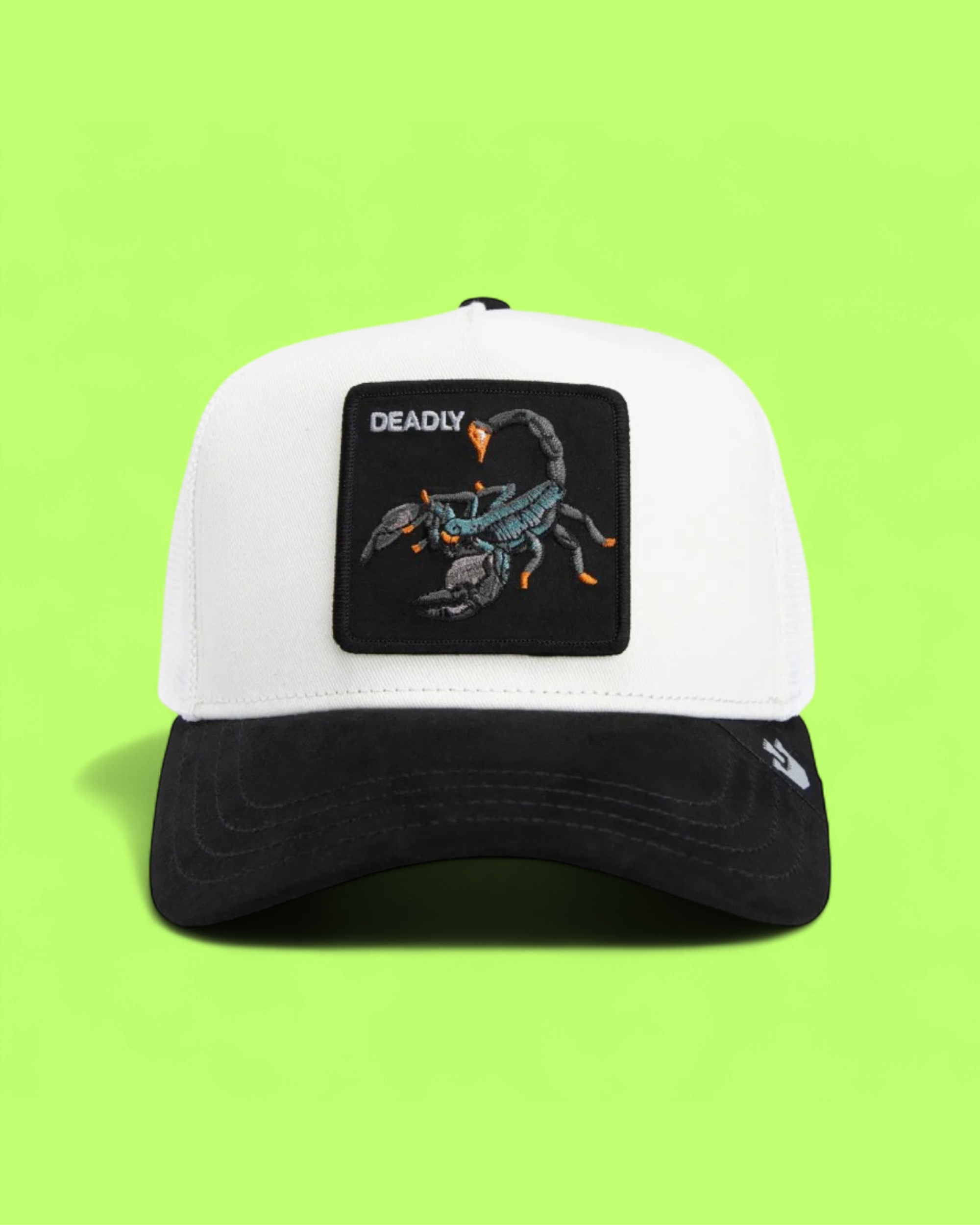 DEADLY SCORPION TRUCKER CAP WITH BLACK AND WHITE CONTRAST