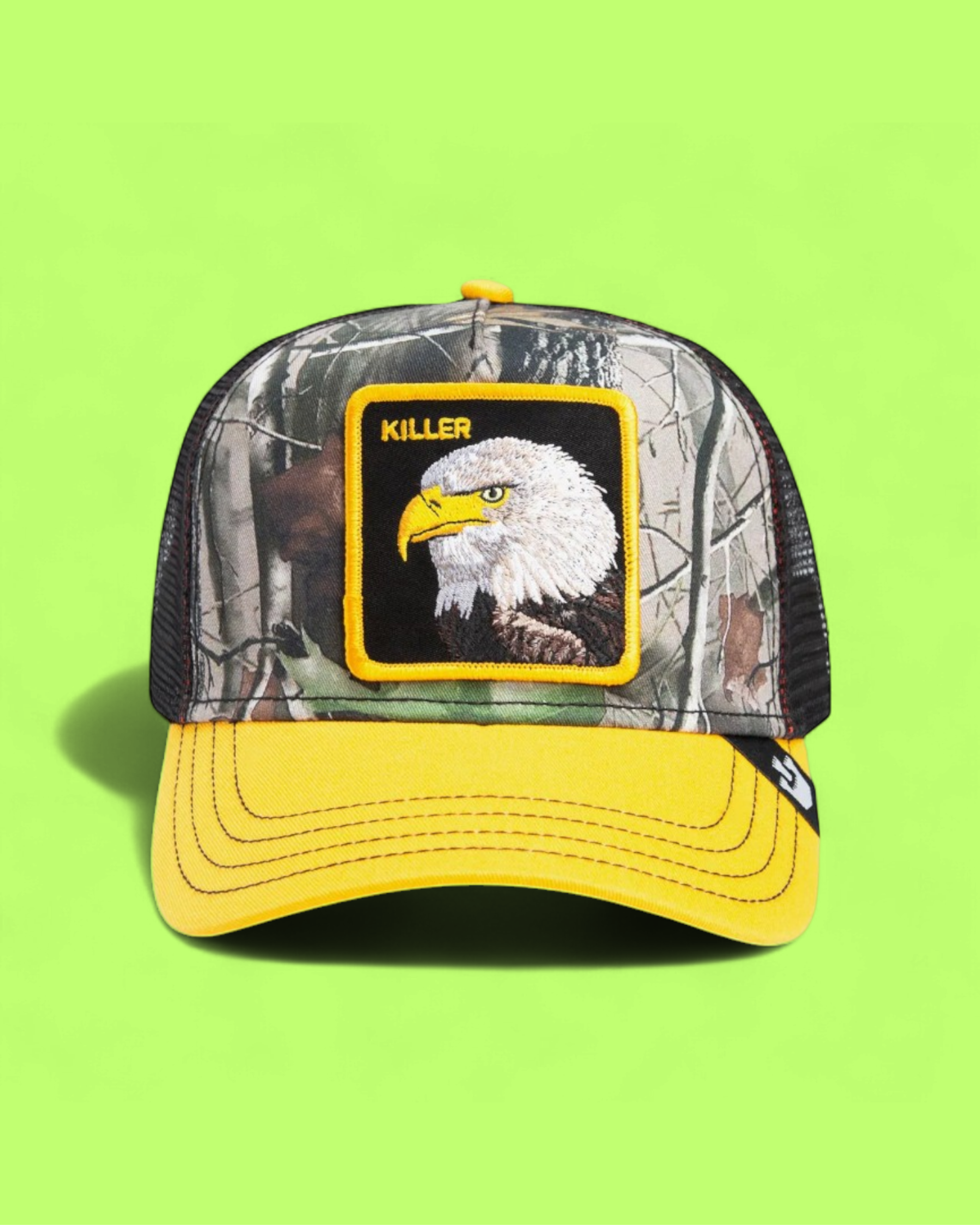 CAMO KILLER EAGLE TRUCKER CAP WITH YELLOW VISOR DETAIL CWCDE