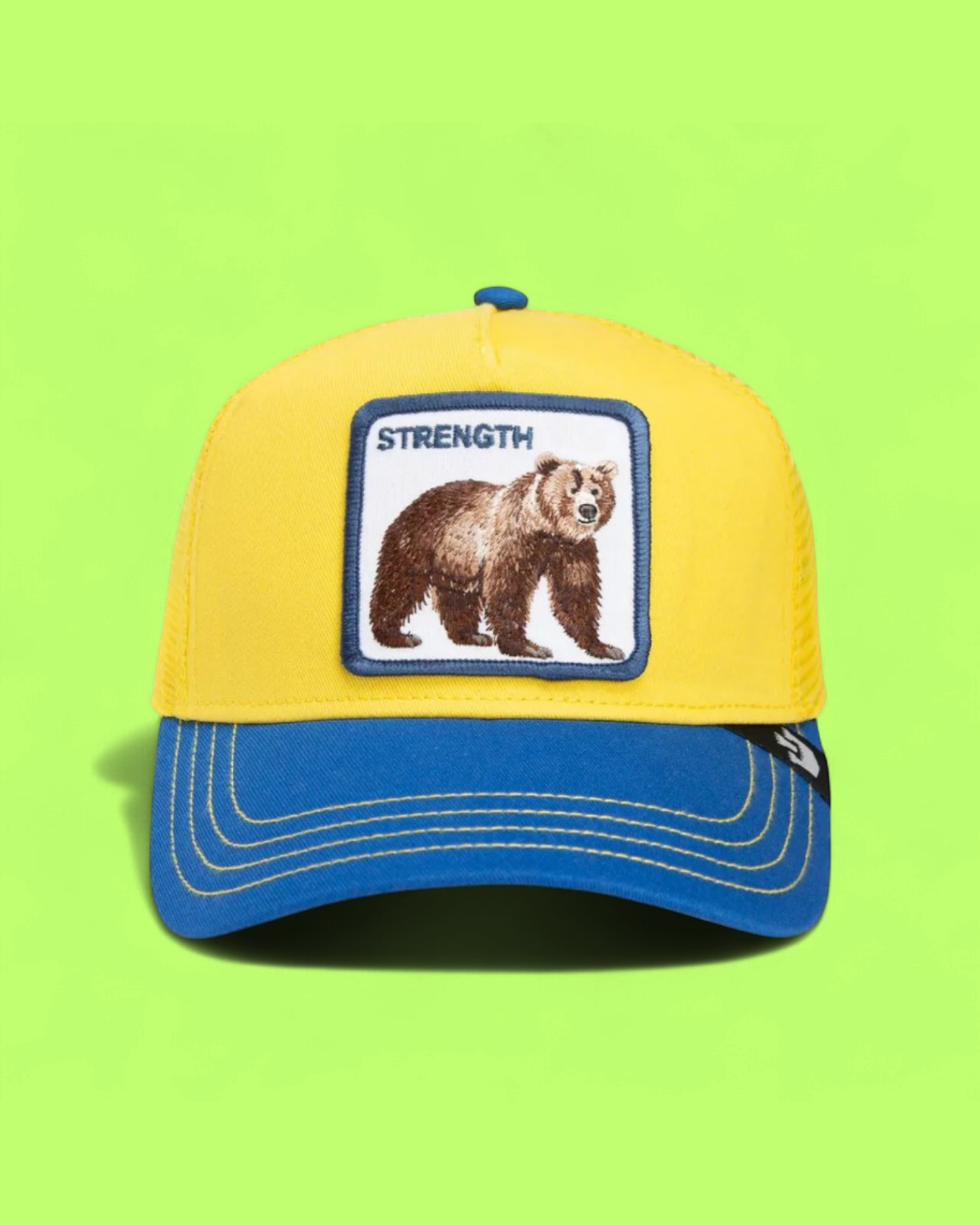 YELLOW STRENGTH CAP WITH BEAR EMBROIDERY AND BLUE BRIM