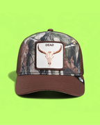 DEAD SKULL CAMO TRUCKER HAT WITH WESTERN COW SKULL PATCH