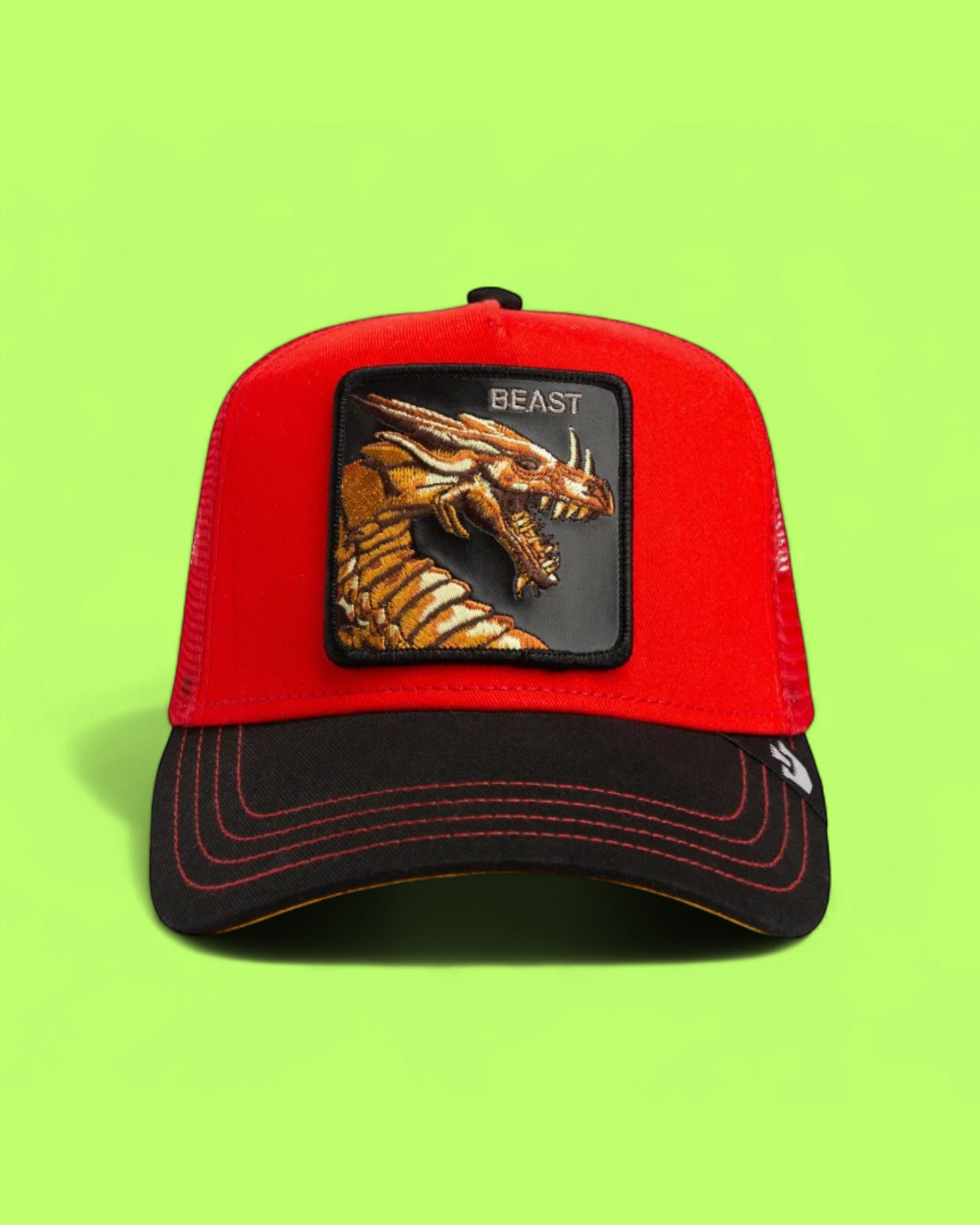 RED BEAST DRAGON CAP WITH BLACK BRIM AND EMBROIDERY CWCDE