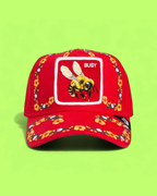 RED BUSY BEE CAP WITH FLORAL EMBROIDERY DETAILS ICON CWCD