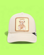 BEIGE TRUCKER CAP WITH CUDDLY TEDDY BEAR PATCH CWCDE
