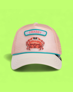 CRABBY PINK TRUCKER HAT WITH FUN EMBROIDERED CRAB PATCH