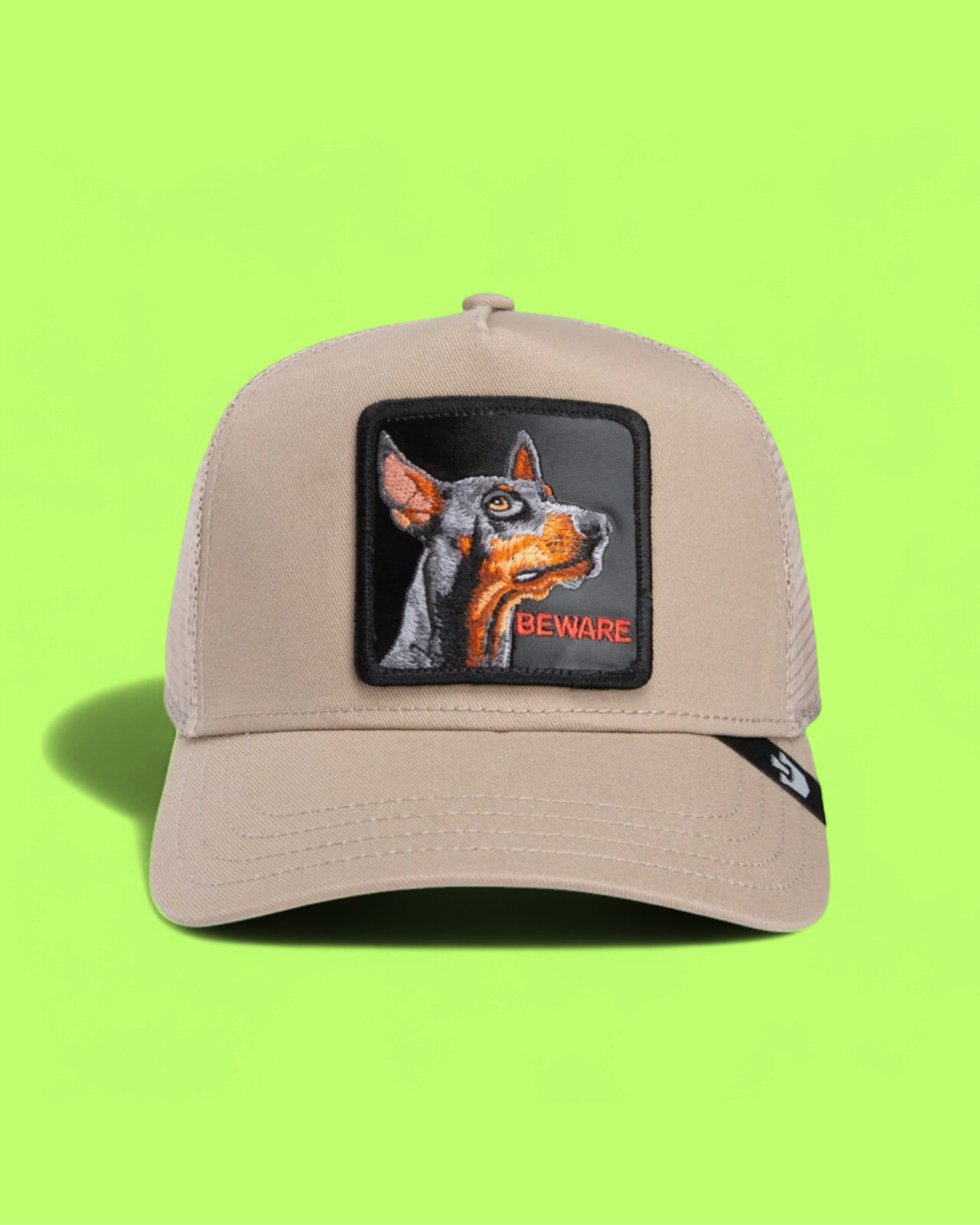 BEWARE DOBERMAN BEIGE TRUCKER HAT WITH EMBROIDERED DOG PATCH